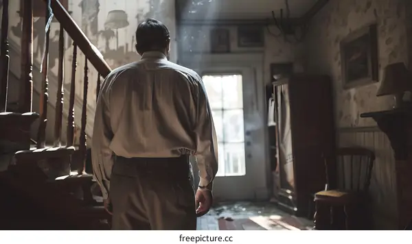 Man Standing in a Room with a Staircase and a Doorway