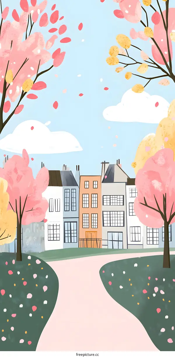 Springtime Illustration with Houses and Cherry Blossoms