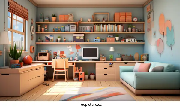 Cozy home office with lots of storage and a comfortable sofa