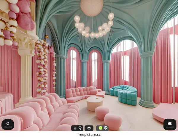 Pink and Teal Interior Design with Curved Couches and Archways