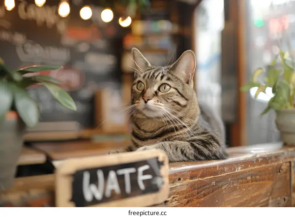Curious Tabby Cat Sitting on a Wooden Table