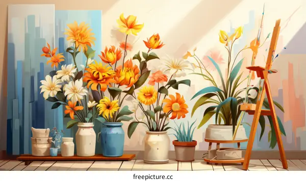 A beautiful painting of a variety of flowers in vases and pots in an art studio