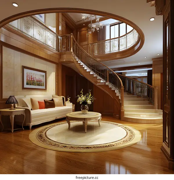 Elegant Staircase Interior Design With Wooden Railings And Chandelier