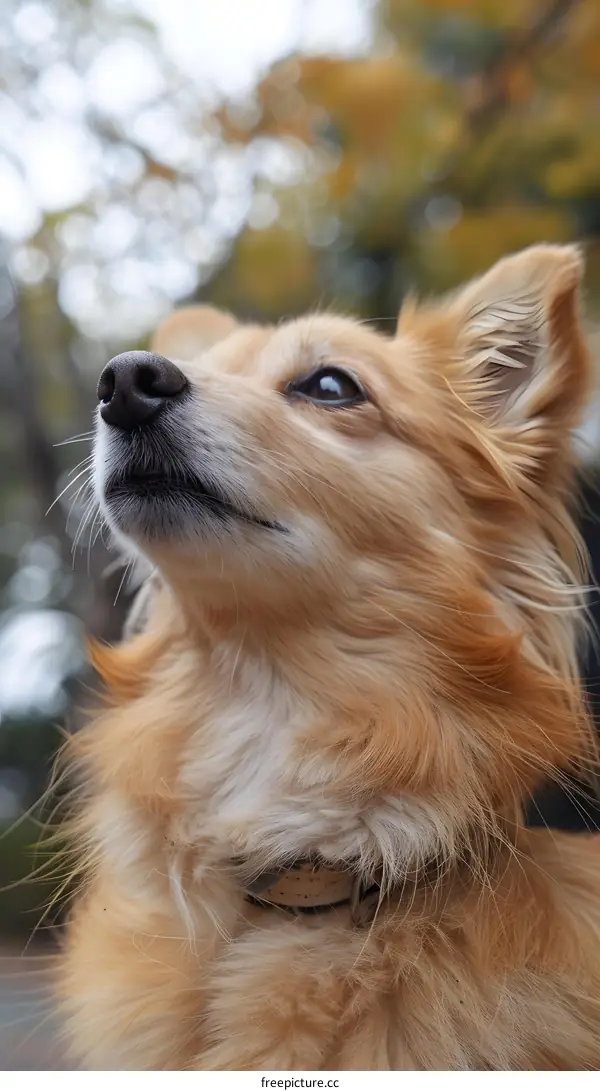 A ginger dog looking up