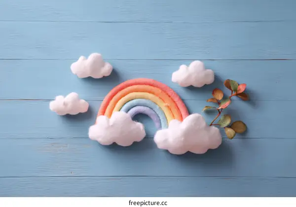 Rainbow and Clouds Creative Arrangement on Light Blue Wooden Background