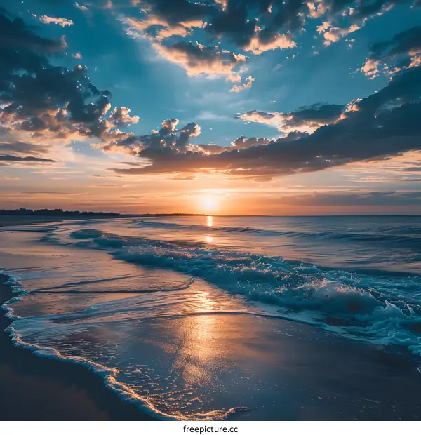 The setting sun and the beach