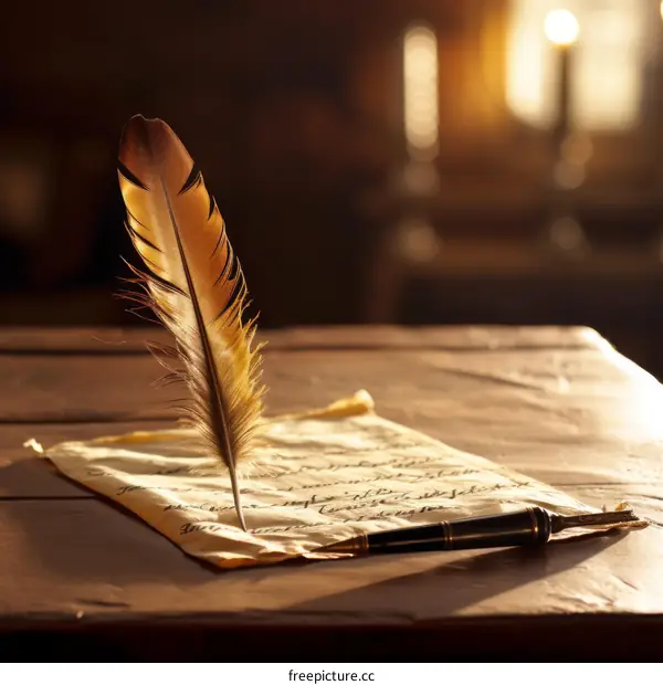 Feather Pen and Letter in Warm Light