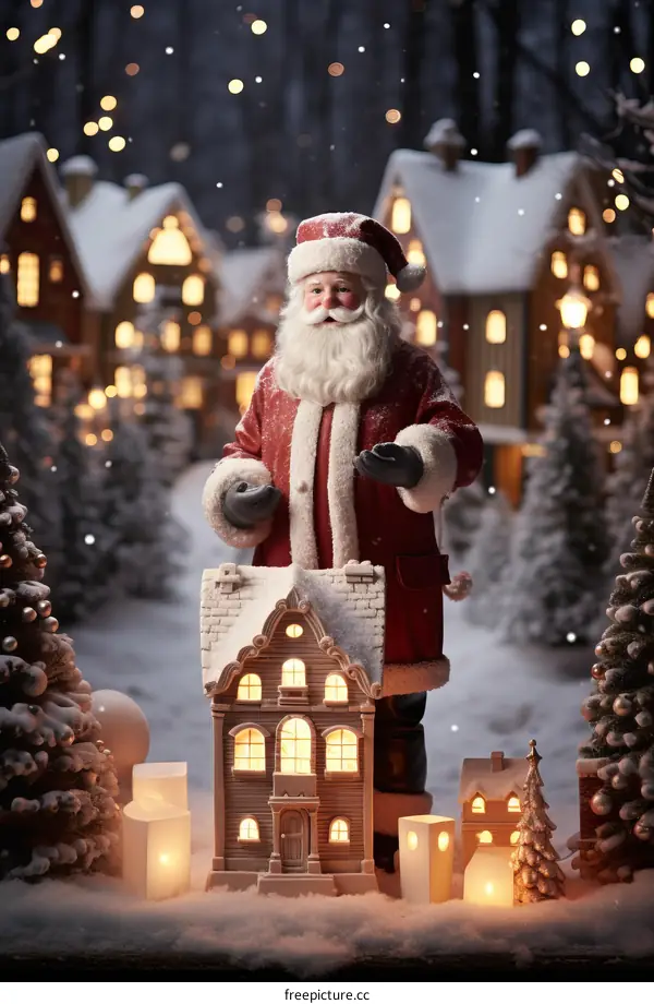 Santa Claus figurine in a charming snowy village