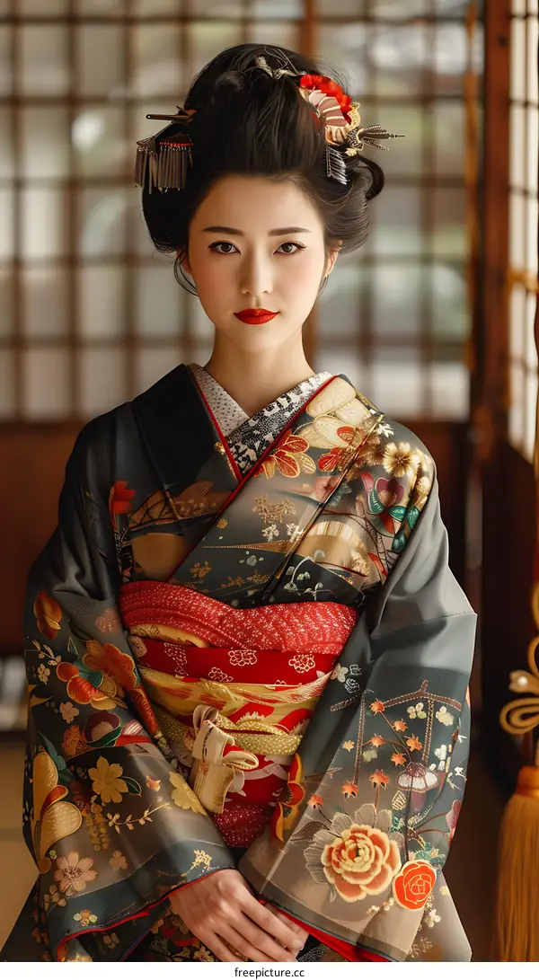 Portrait of a beautiful Japanese woman in traditional kimono