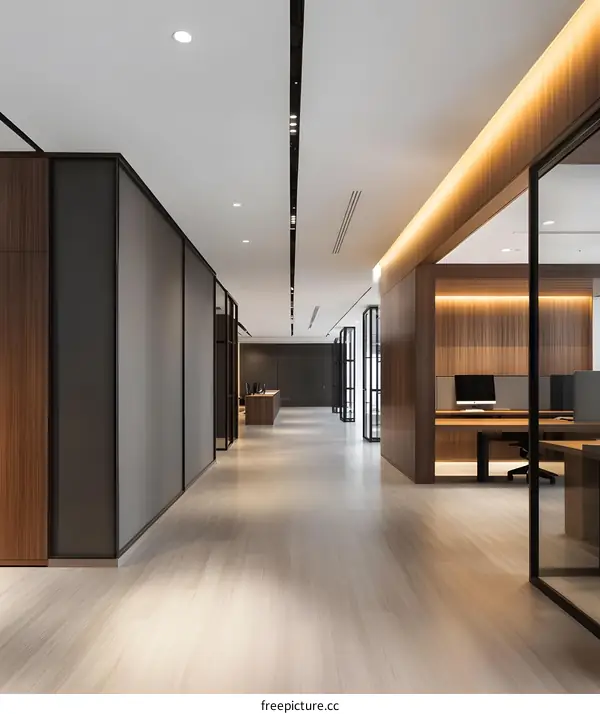 Modern Office Hallway Interior Design With Wooden Walls And Glass Partitions