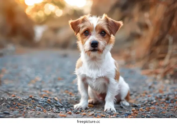 A cute brown and white dog is sitting on the ground