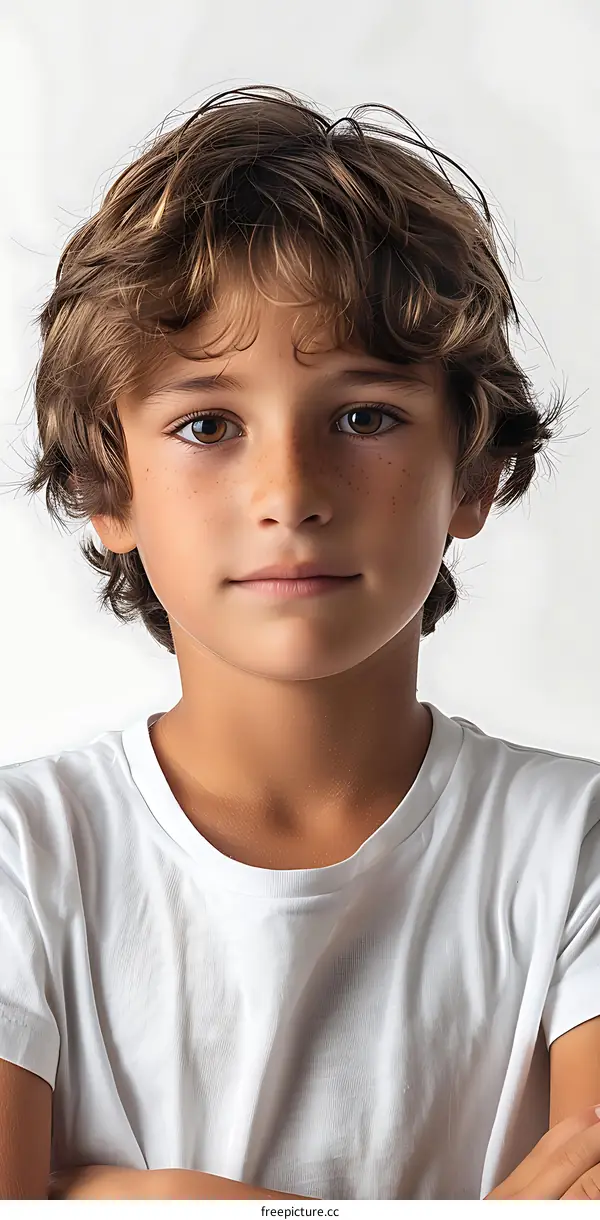 Portrait of a Young Caucasian Boy with Freckles Looking at Camera