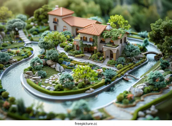 Miniature Mediterranean Villa with Garden and River