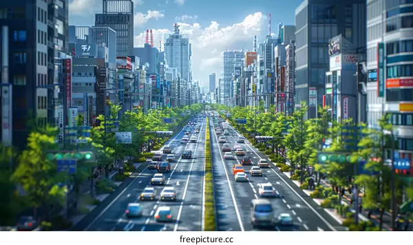 Japanese City Street Illustration with Cars and Buildings