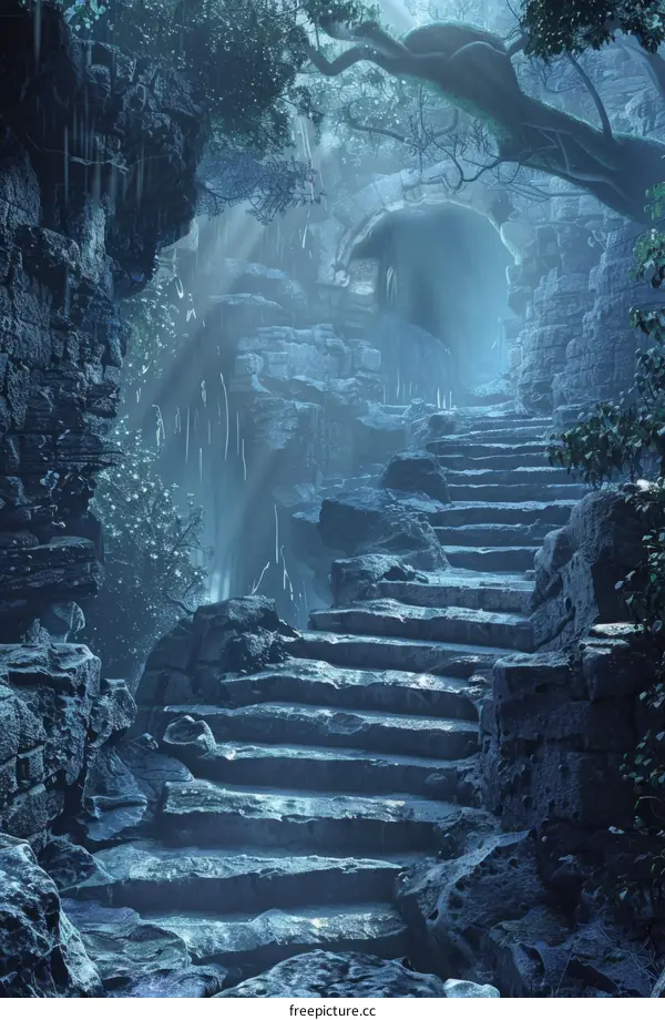 Mysterious Stone Staircase Leading into a Dark Forest