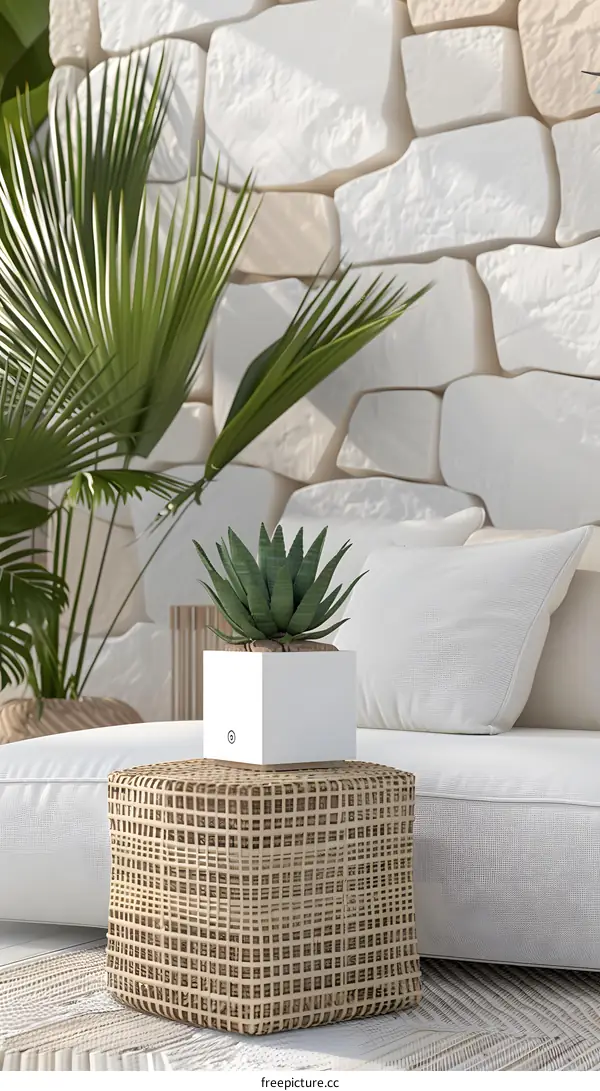 Minimalist White Sofa with Green Plant and Wicker Ottoman