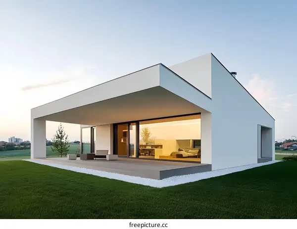 Modern Minimalist White House with Large Windows and Lawn