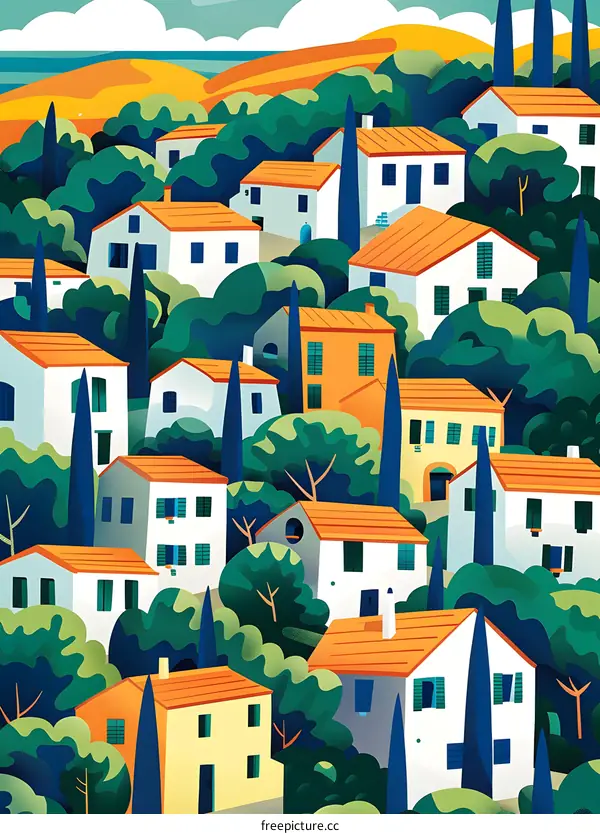 Mediterranean Village Houses with Lush Green Trees Illustration