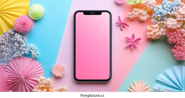 Modern Minimalist Mobile Phone Layout With Pink Gradient Screen And Colorful Floral Decorations