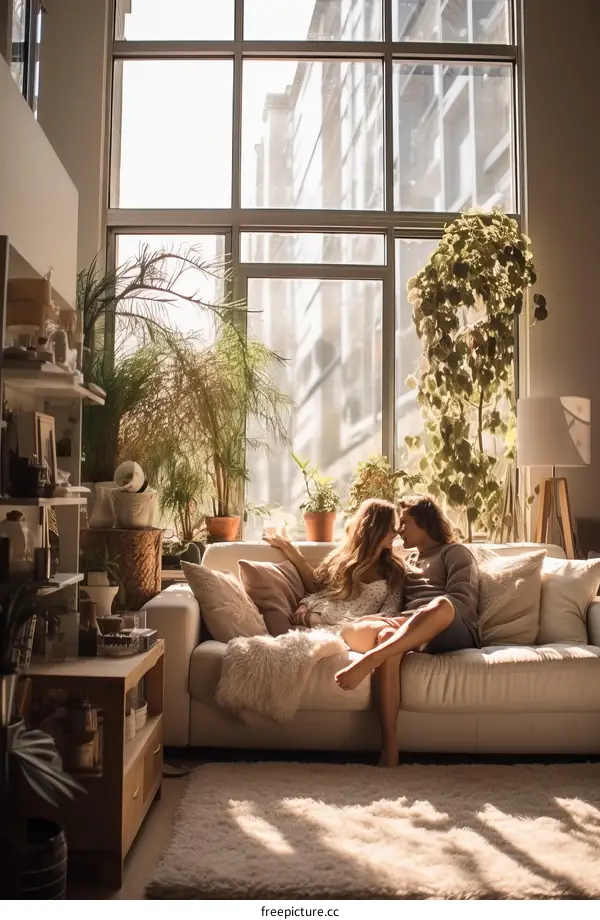 Young couple relaxing on couch in sunlit living room