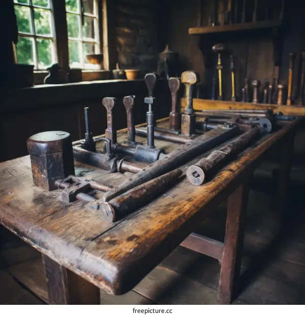 Blacksmith Tools on Rustic Wooden Table