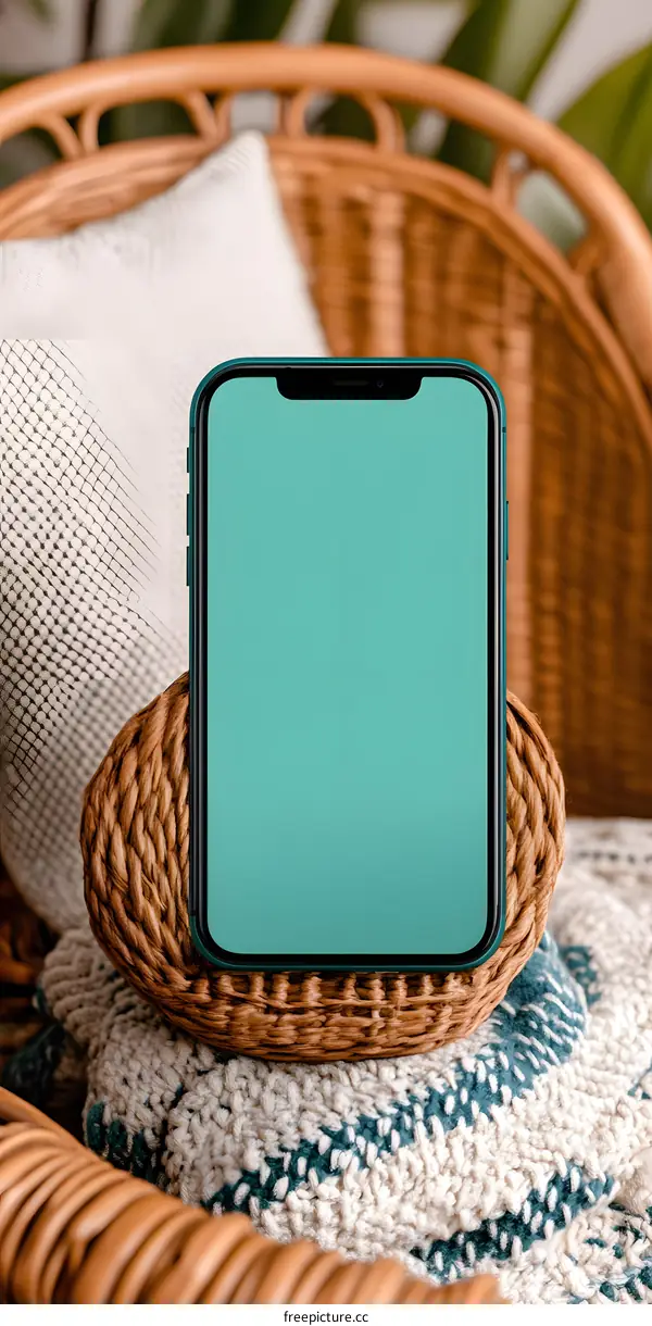 Green Phone On Wicker Chair With Blank Screen