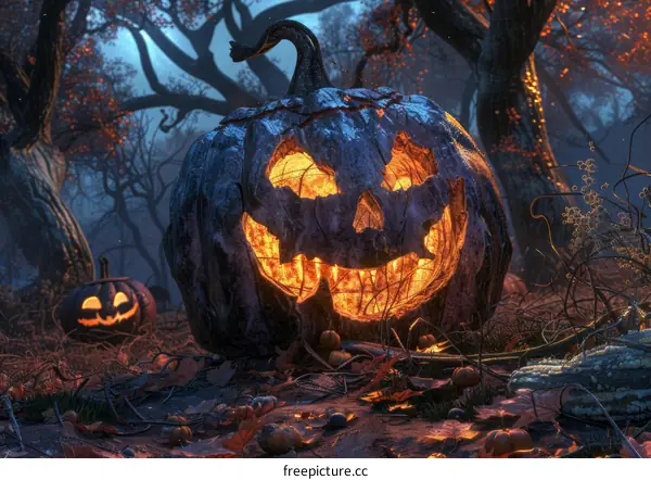 Spooky Halloween Pumpkin in the Dark Forest