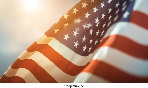 Close up of the American flag waving in the wind against a bright sky