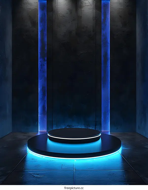 Empty Black Podium with Blue Neon Lights