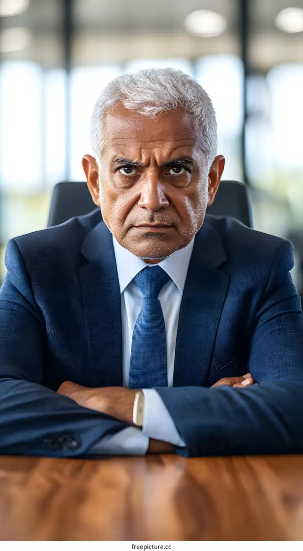Serious Businessman with Arms Crossed in Office Setting