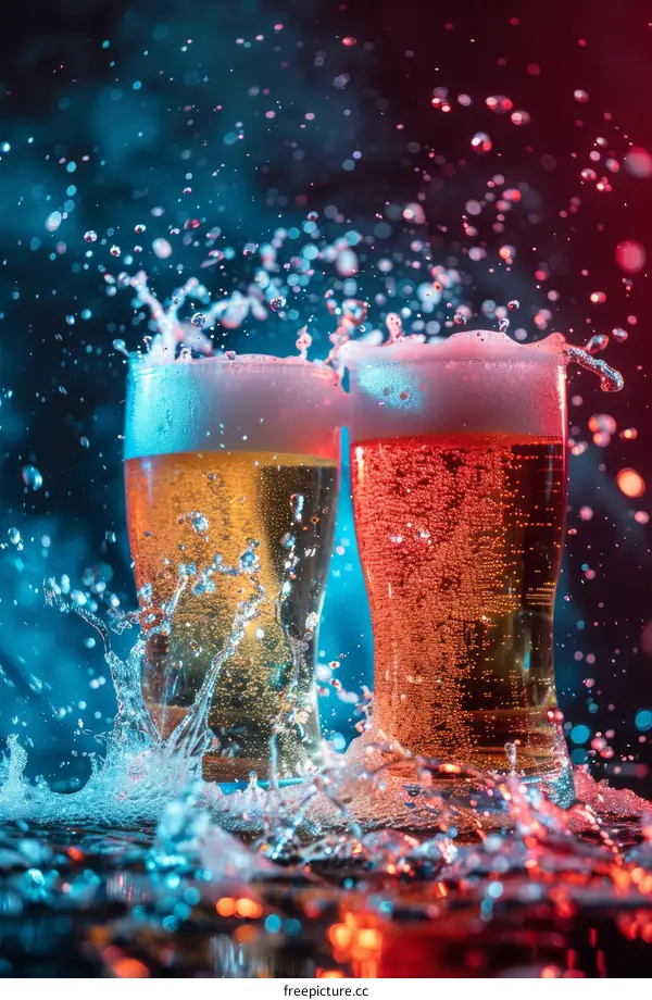 Two glasses of beer with splashing water