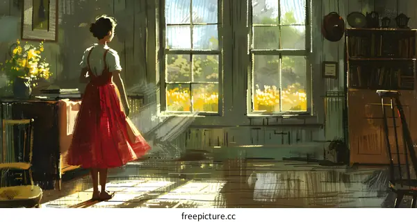 girl standing by the window looking at the field of flowers