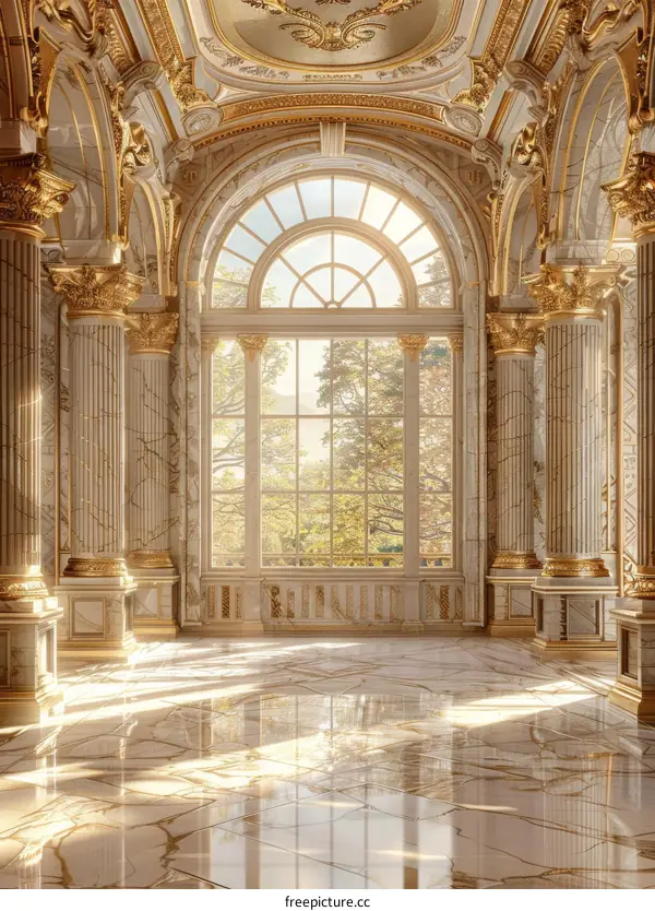 Golden Palace Hallway with Sunlight Illuminating Marble Floor