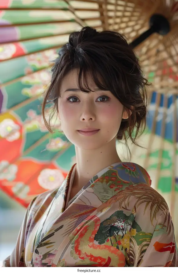 Portrait of a beautiful Japanese woman in traditional kimono
