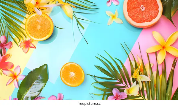 Tropical Summer Fruit and Flower Flat Lay Background