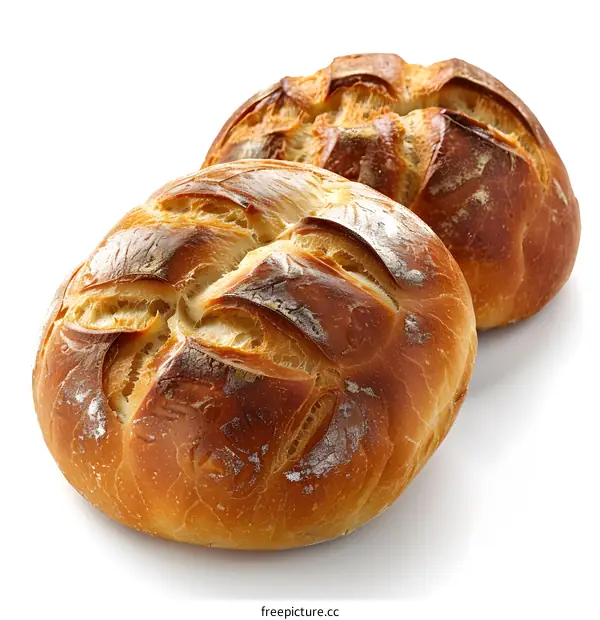 Two loaves of artisan bread on white