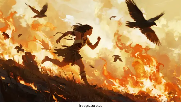 A woman running through a burning landscape with crows flying around