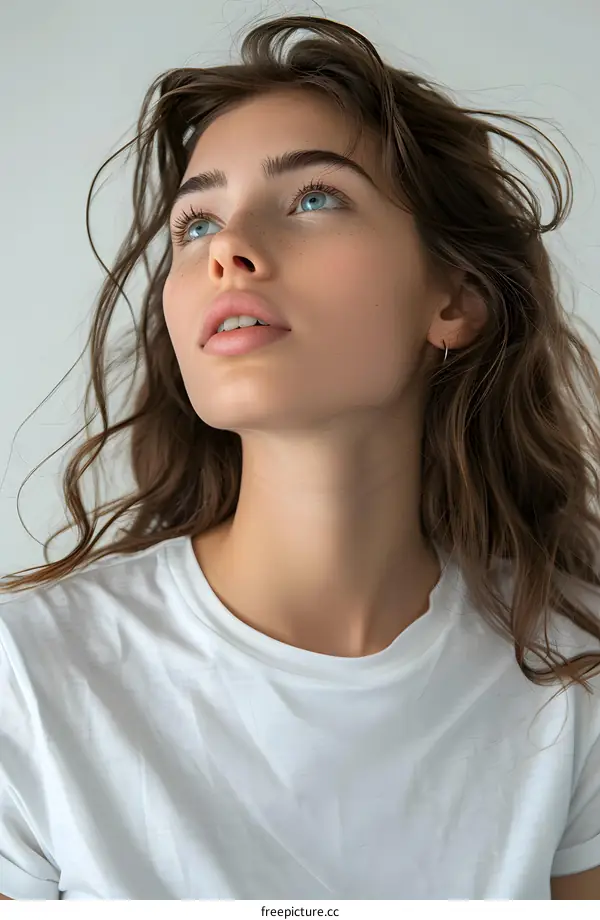 portrait of a beautiful young woman with freckles and blue eyes