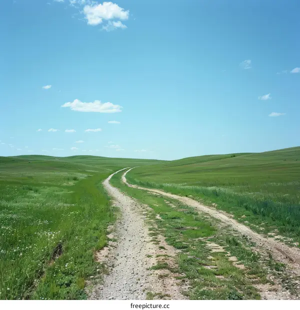 dirt road through a lush green field
