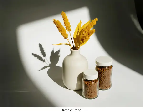 White Ceramic Vase with Yellow Flowers and Jars on White Surface