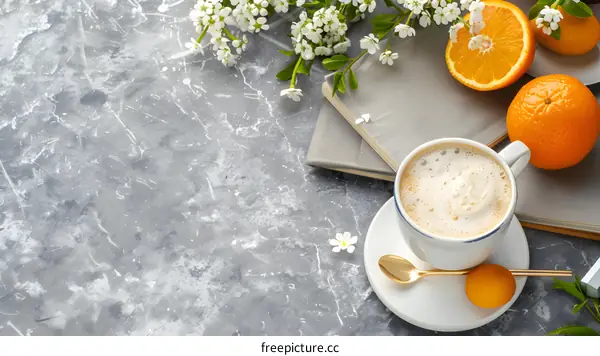 Spring Morning Coffee with Flowers and Oranges