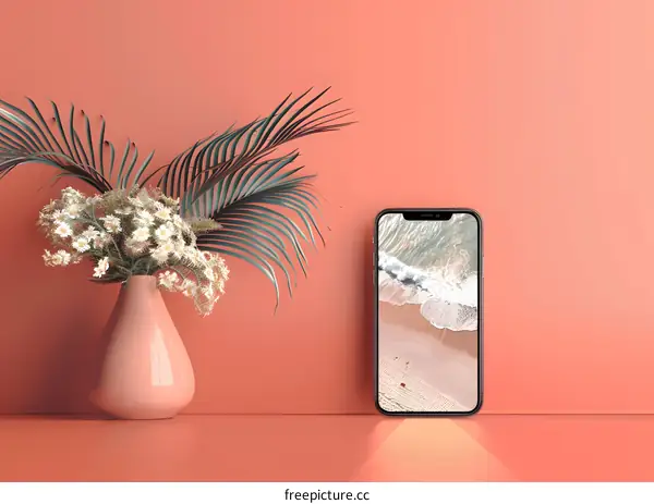 Coral Background with Palm Leaves and Phone Mockup