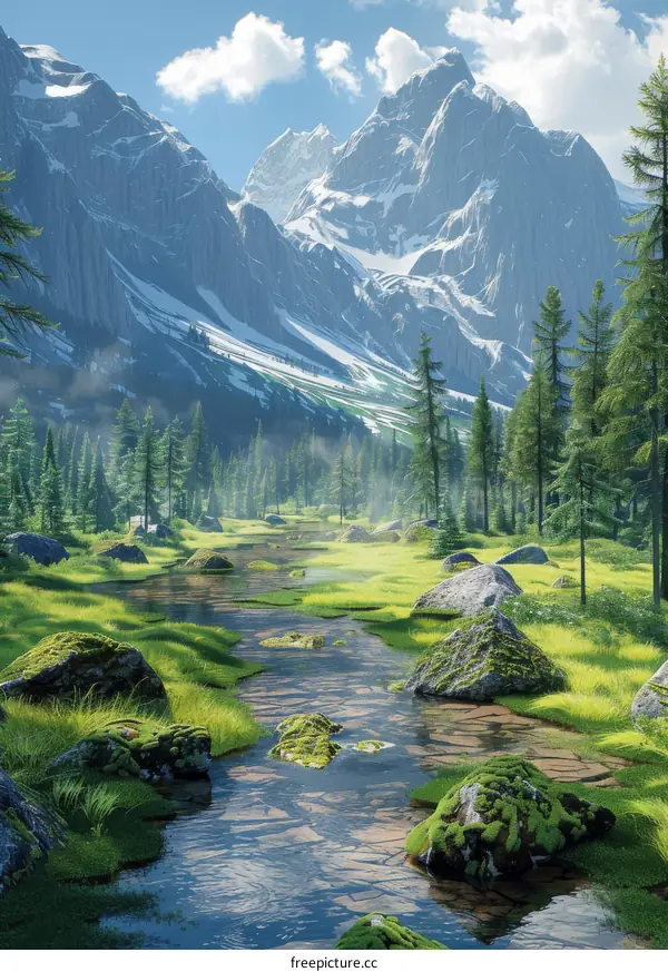 Majestic Mountains with Flowing River and Lush Trees