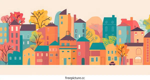Colorful Autumn Cityscape Illustration