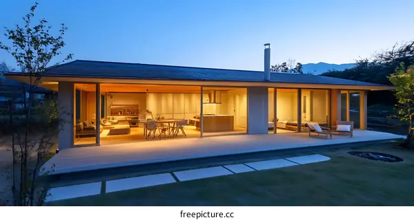 Modern Japanese Style House with Wooden Deck and Patio at Dusk