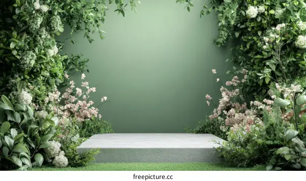 Green Floral Garden Scene with Empty Display Platform
