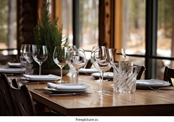 Elegant table setting in a modern home with large windows