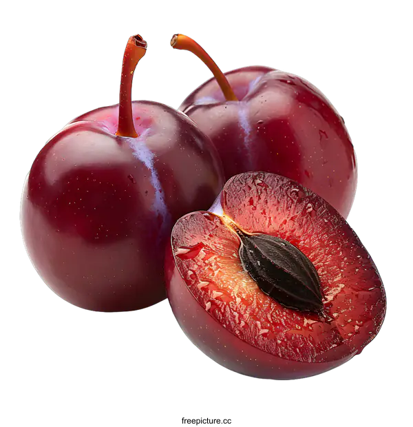 [Transparent Background PNG]Fresh plums with water drops isolated on white background