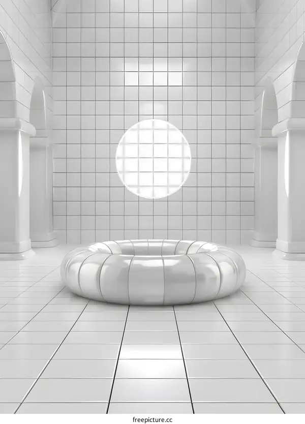 White Circular Platform in Minimalist Room with Archways