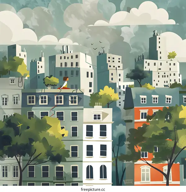 Cityscape Illustration with Person Sitting on Rooftop